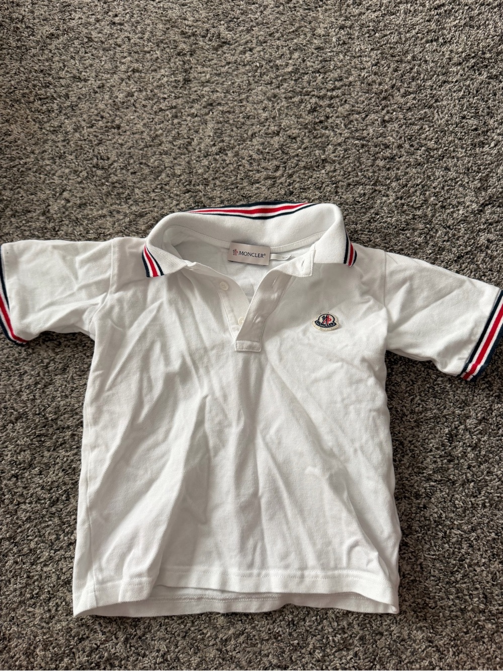 Moncler White Kids Polo with Red and Navy Stripe Trim